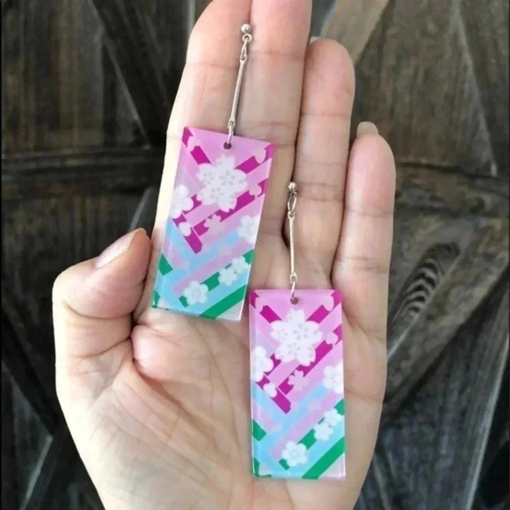 Flower Lattice Retro Pop Asian Anime Style Rectangle Resin Drop Earrings K NWT